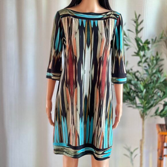 Donna Morgan Retro Print Multicolor Shift Dress Stretch Knit Mod 3/4 Sleeve Sz 4 - Picture 2 of 8